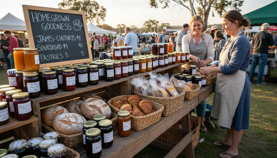Eye-level view of a market stall with handmade food products and a handwritten price board.