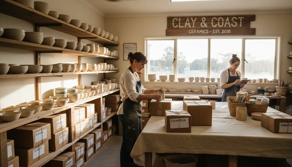 Wide-angle view of a small ceramics studio with packed orders on timber shelves.